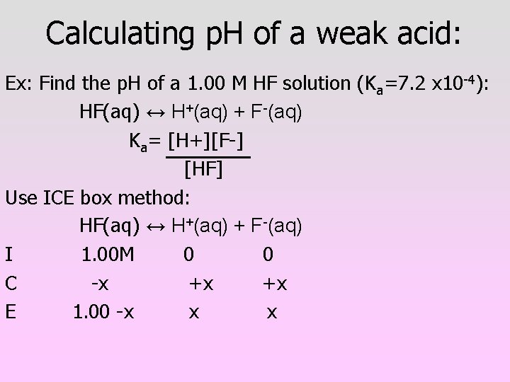 Calculating p. H of a weak acid: Ex: Find the p. H of a