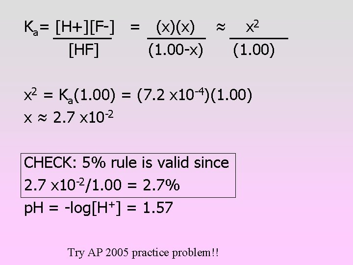 Ka= [H+][F-] = (x)(x) ≈ x 2 [HF] (1. 00 -x) (1. 00) x