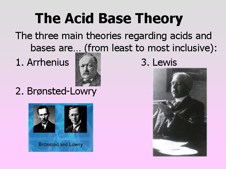 The Acid Base Theory The three main theories regarding acids and bases are… (from