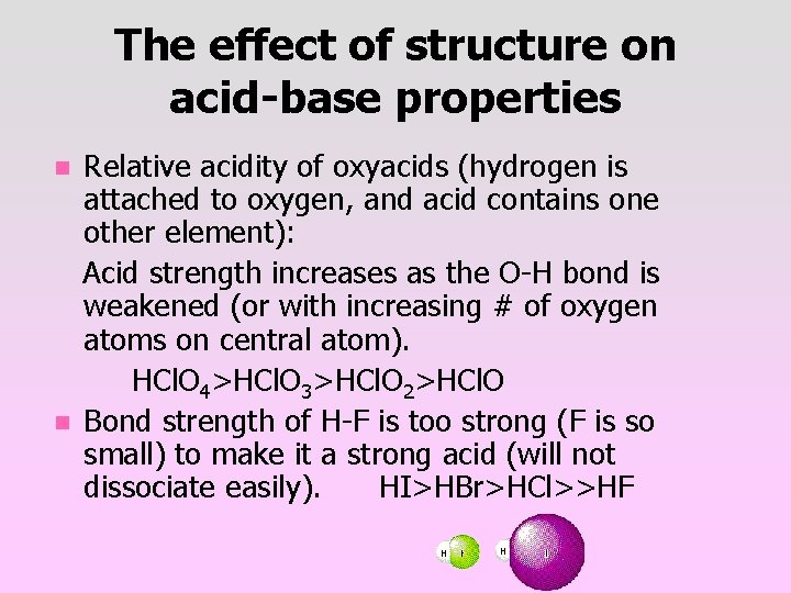 The effect of structure on acid-base properties n n Relative acidity of oxyacids (hydrogen
