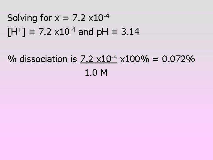 Solving for x = 7. 2 x 10 -4 [H+] = 7. 2 x