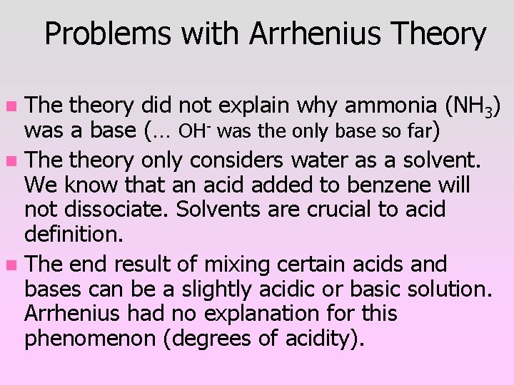 Problems with Arrhenius Theory The theory did not explain why ammonia (NH 3) was