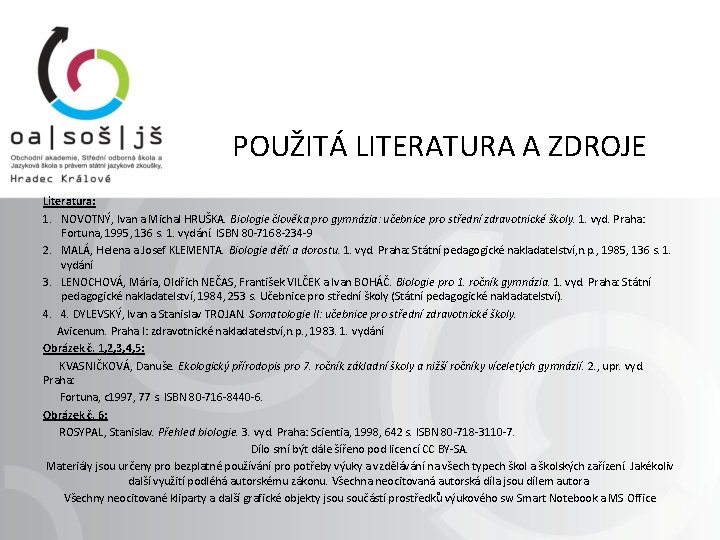 POUŽITÁ LITERATURA A ZDROJE Literatura: 1. NOVOTNÝ, Ivan a Michal HRUŠKA. Biologie člověka pro