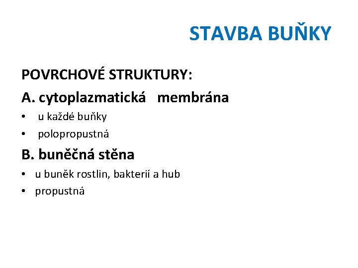 STAVBA BUŇKY POVRCHOVÉ STRUKTURY: A. cytoplazmatická membrána • u každé buňky • polopropustná B.