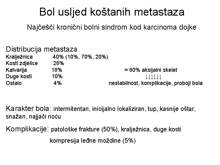 Bol usljed koštanih metastaza Najčešći kronični bolni sindrom kod karcinoma dojke Distribucija metastaza Kralježnica