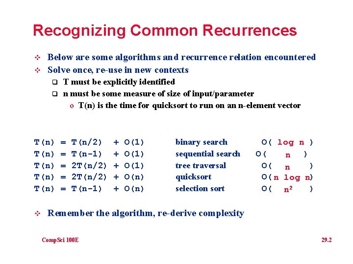 Recognizing Common Recurrences v v Below are some algorithms and recurrence relation encountered Solve