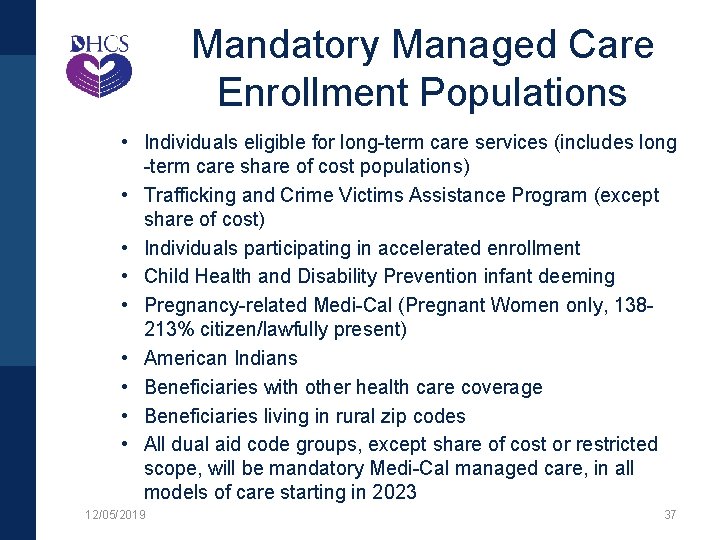 Mandatory Managed Care Enrollment Populations • Individuals eligible for long-term care services (includes long
