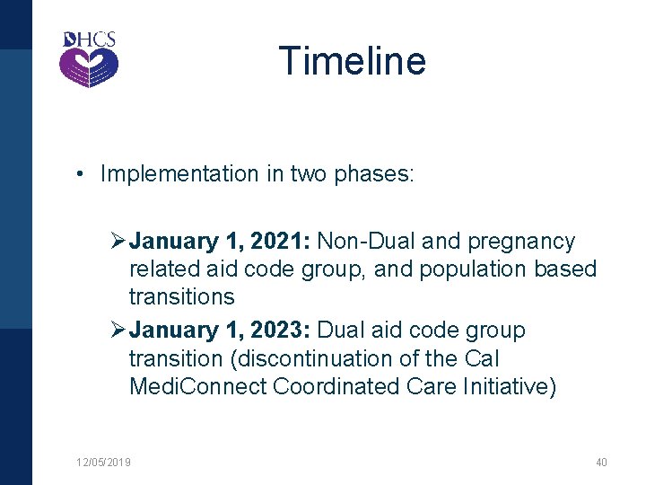 Timeline • Implementation in two phases: January 1, 2021: Non-Dual and pregnancy related aid