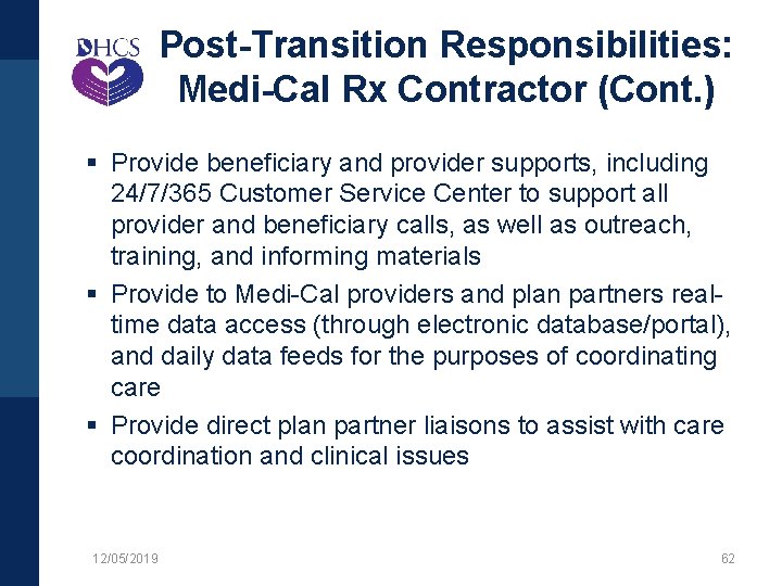 Post-Transition Responsibilities: Medi-Cal Rx Contractor (Cont. ) § Provide beneficiary and provider supports, including