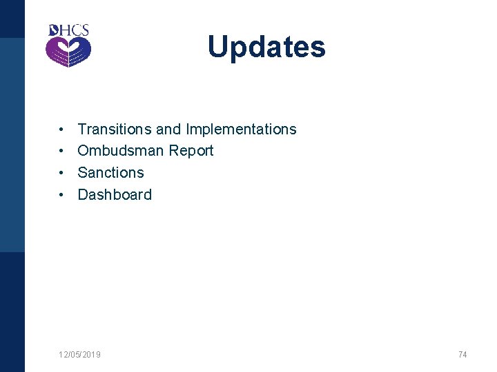 Updates • • Transitions and Implementations Ombudsman Report Sanctions Dashboard 12/05/2019 74 