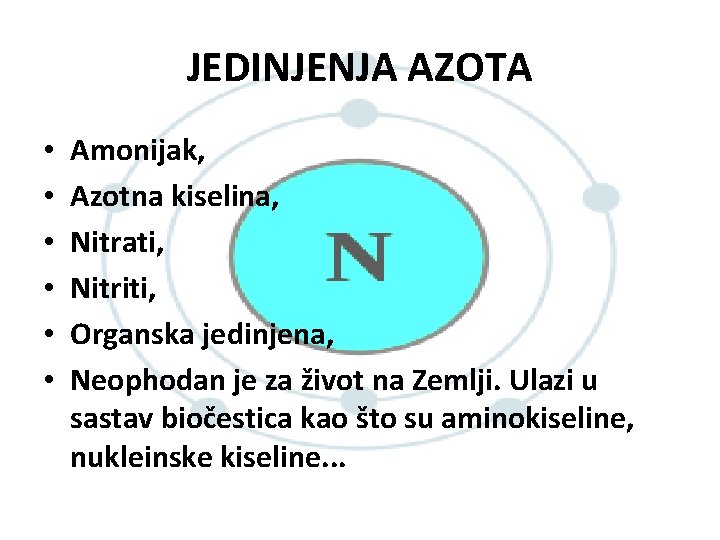JEDINJENJA AZOTA • • • Amonijak, Azotna kiselina, Nitrati, Nitriti, Organska jedinjena, Neophodan je