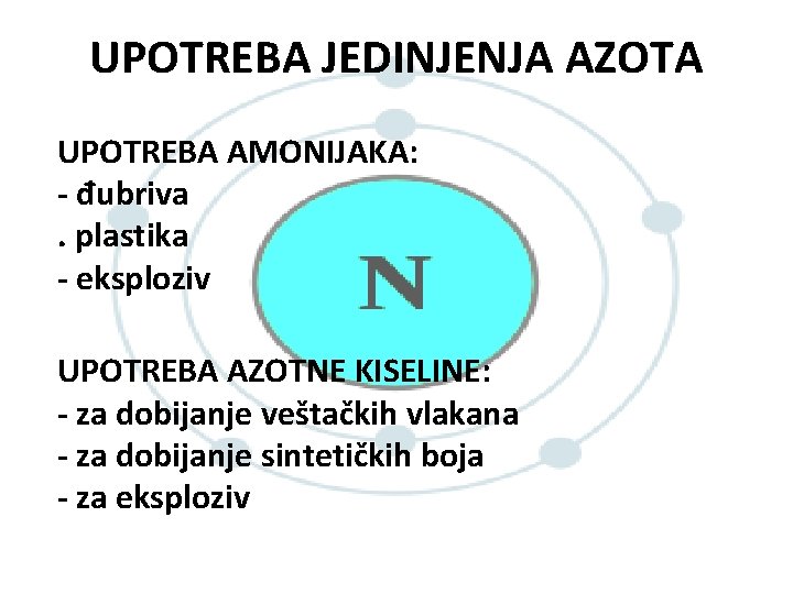 UPOTREBA JEDINJENJA AZOTA UPOTREBA AMONIJAKA: - đubriva. plastika - eksploziv UPOTREBA AZOTNE KISELINE: -