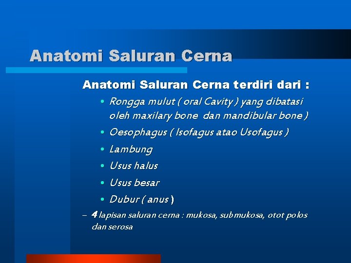 Anatomi Saluran Cerna terdiri dari : • Rongga mulut ( oral Cavity ) yang