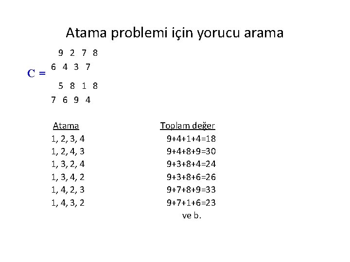 Atama problemi için yorucu arama C= 9 2 7 8 6 4 3 7