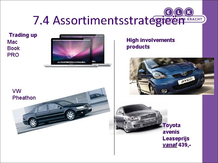 7. 4 Assortimentsstrategieën Trading up Mac Book PRO High involvements products VW Pheathon Toyota