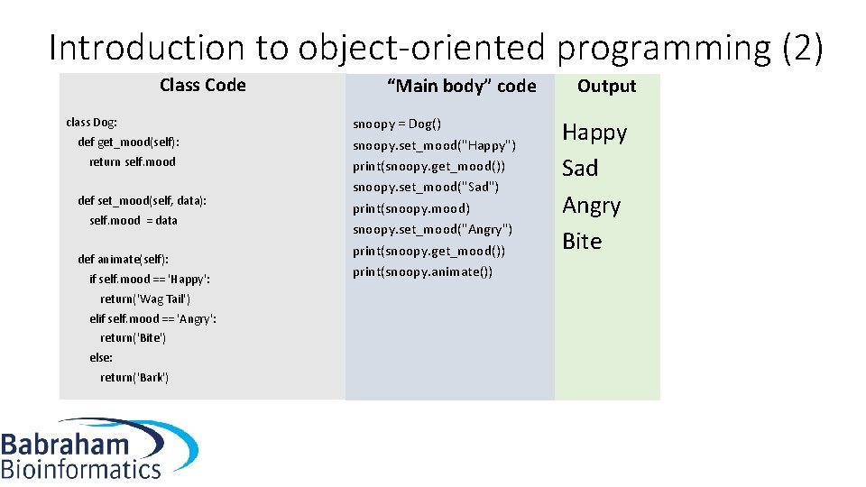Introduction to object-oriented programming (2) Class Code class Dog: def get_mood(self): return self. mood
