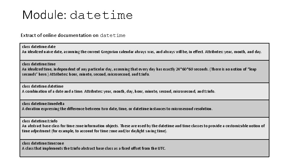 Module: datetime Extract of online documentation on datetime class datetime. date An idealized naive