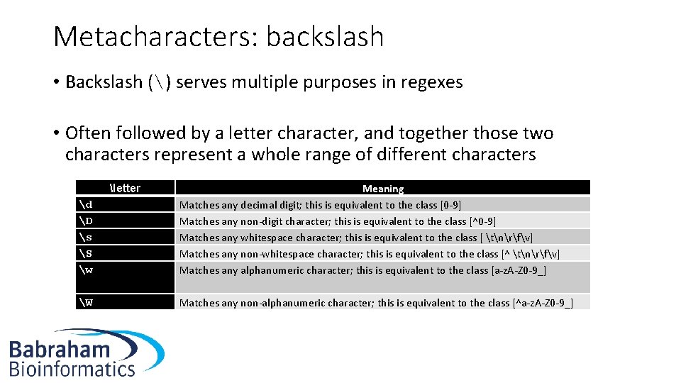Metacharacters: backslash • Backslash () serves multiple purposes in regexes • Often followed by