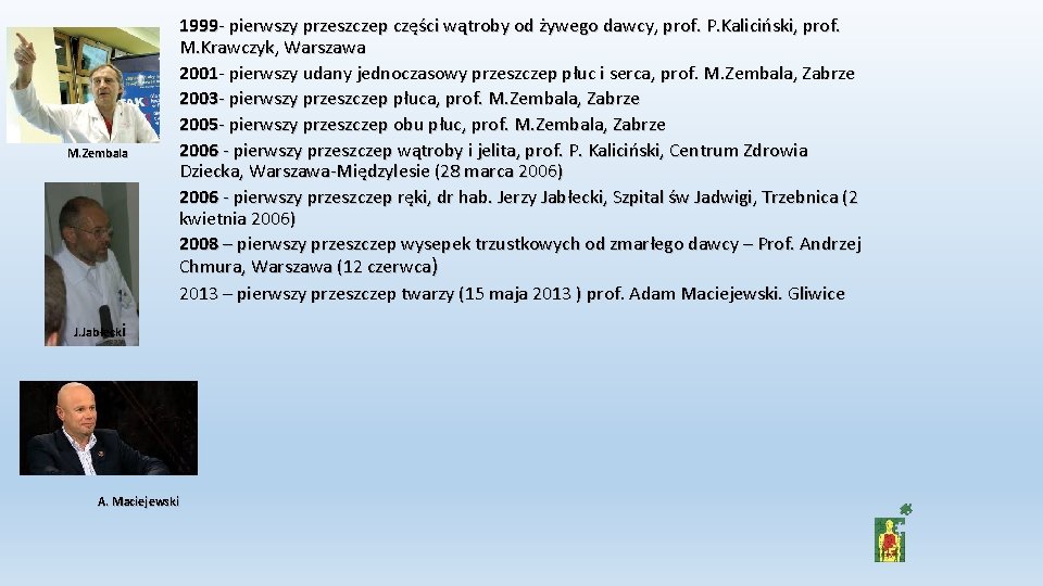M. Zembala 1999 - pierwszy przeszczep części wątroby od żywego dawcy, prof. P. Kaliciński,