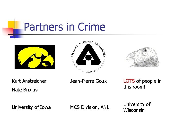 Partners in Crime Kurt Anstreicher Jean-Pierre Goux Nate Brixius University of Iowa MCS Division,