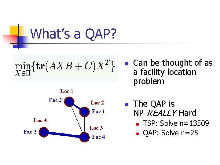 What’s a QAP? n n Can be thought of as a facility location problem