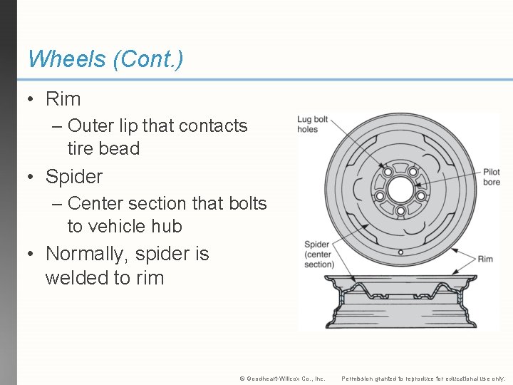 Wheels (Cont. ) • Rim – Outer lip that contacts tire bead • Spider Wheels (Cont. ) • Rim – Outer lip that contacts tire bead • Spider