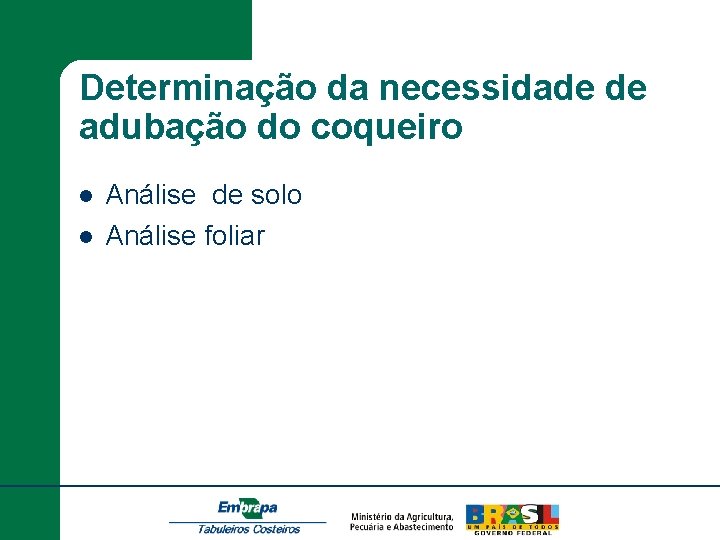 Determinação da necessidade de adubação do coqueiro l l Análise de solo Análise foliar