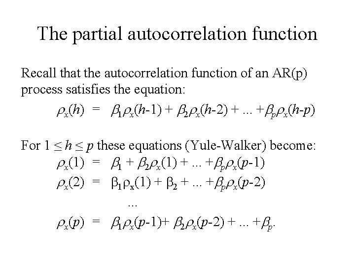 The partial autocorrelation function Recall that the autocorrelation function of an AR(p) process satisfies