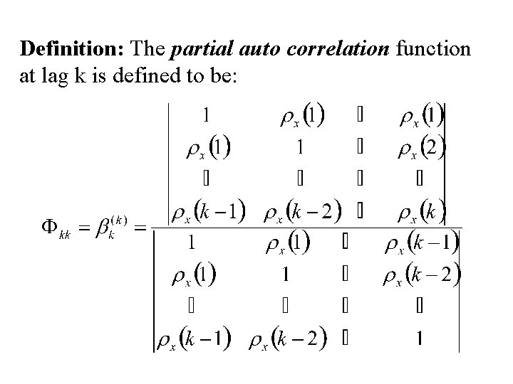 Definition: The partial auto correlation function at lag k is defined to be: 