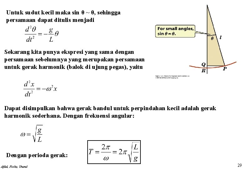 Untuk sudut kecil maka sin θ ~ θ, sehingga persamaan dapat ditulis menjadi Sekarang