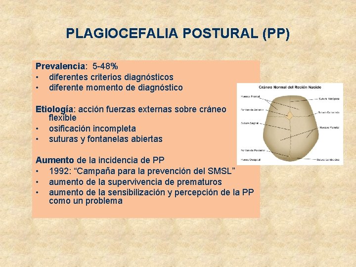 PLAGIOCEFALIA POSTURAL (PP) Prevalencia: 5 -48% • diferentes criterios diagnósticos • diferente momento de