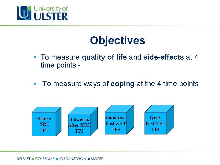 Objectives • To measure quality of life and side-effects at 4 time points: •