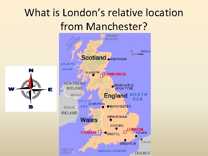 What is London’s relative location from Manchester? 