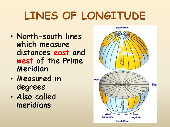 LINES OF LONGITUDE • North-south lines which measure distances east and west of the