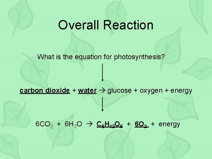 Overall Reaction What is the equation for photosynthesis? carbon dioxide + water glucose +