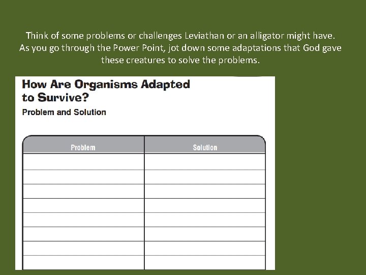 Think of some problems or challenges Leviathan or an alligator might have. As you