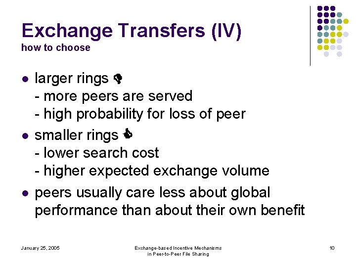 Exchange Transfers (IV) how to choose l larger rings - more peers are served