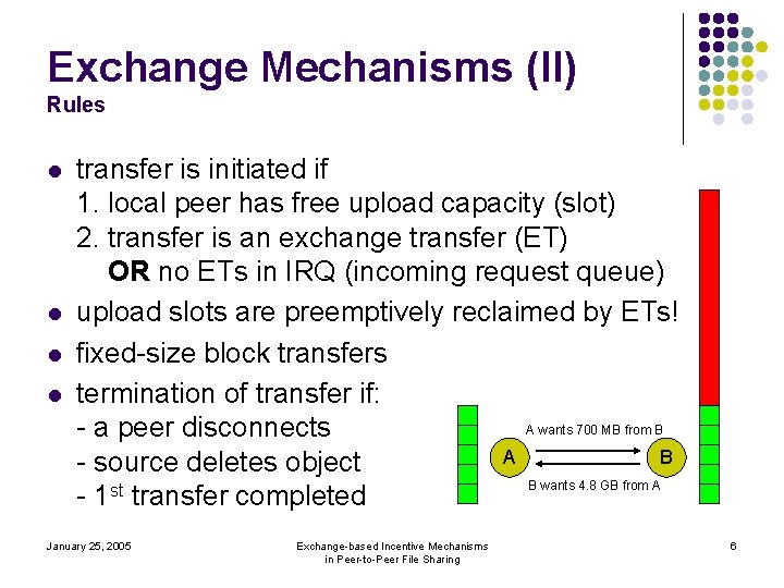 Exchange Mechanisms (II) Rules l l transfer is initiated if 1. local peer has