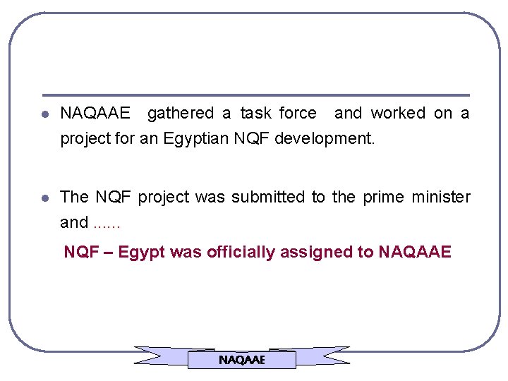 l NAQAAE gathered a task force and worked on a project for an Egyptian