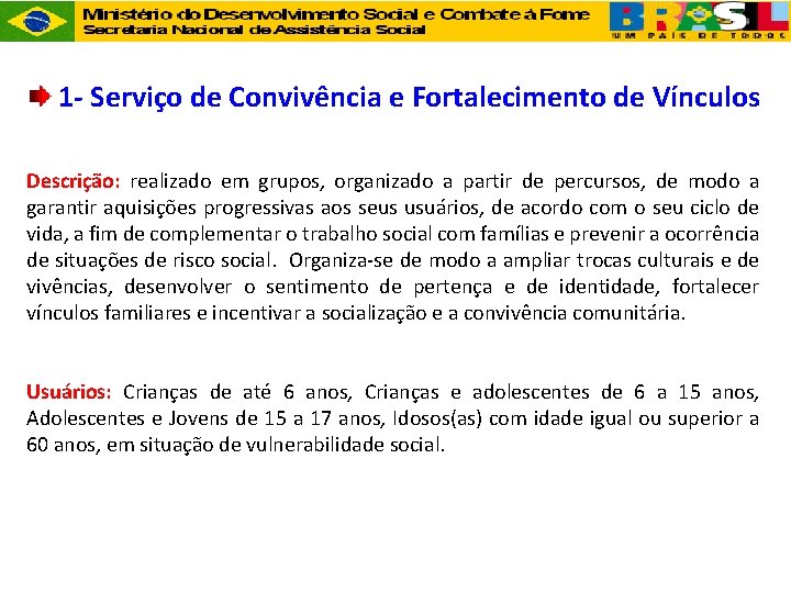 1 - Serviço de Convivência e Fortalecimento de Vínculos Descrição: realizado em grupos, organizado