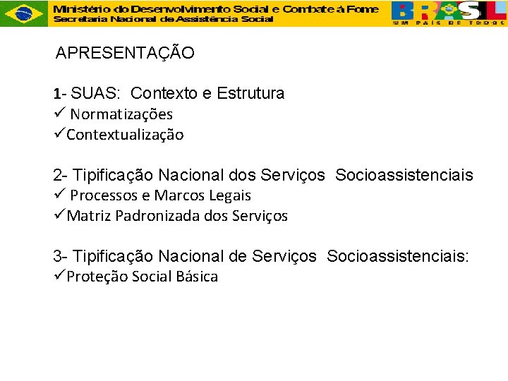 APRESENTAÇÃO 1 - SUAS: Contexto e Estrutura ü Normatizações üContextualização 2 - Tipificação Nacional
