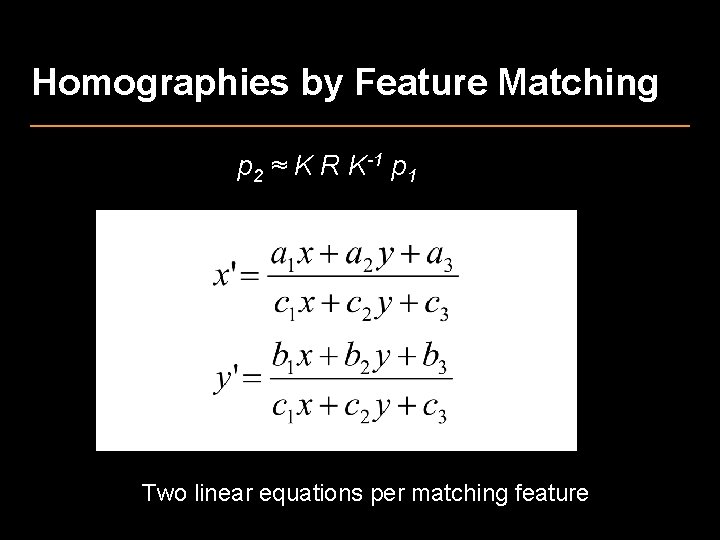 Homographies by Feature Matching p 2 ≈ K R K-1 p 1 Two linear