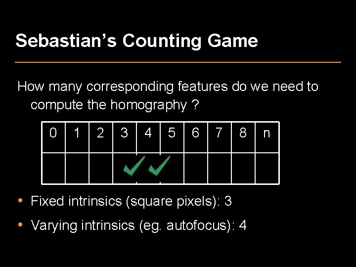 Sebastian’s Counting Game How many corresponding features do we need to compute the homography