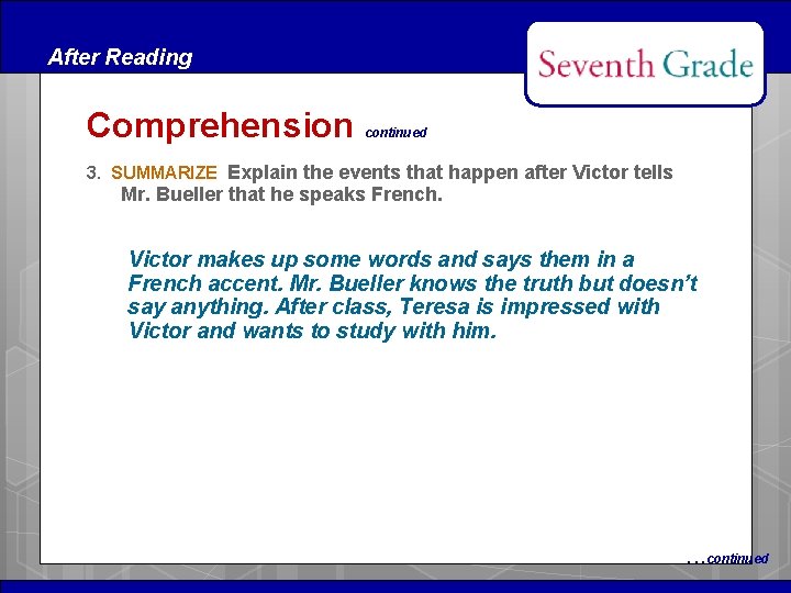 After Reading Comprehension continued 3. SUMMARIZE Explain the events that happen after Victor tells