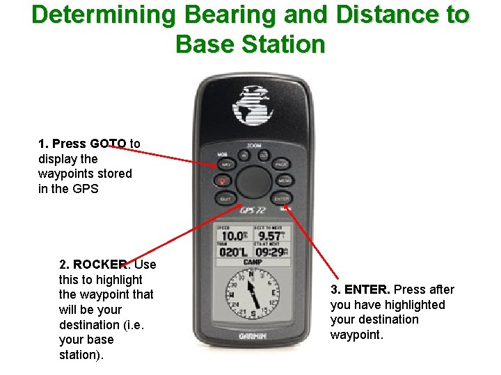 Determining Bearing and Distance to Base Station 1. Press GOTO to display the waypoints