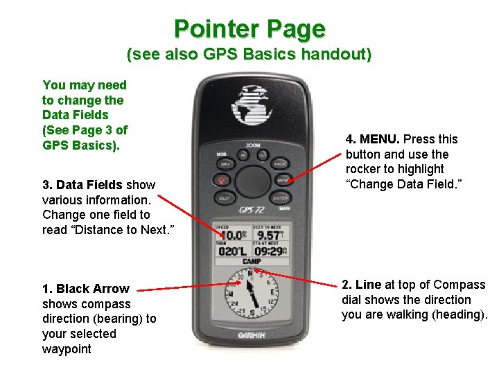 Pointer Page (see also GPS Basics handout) You may need to change the Data