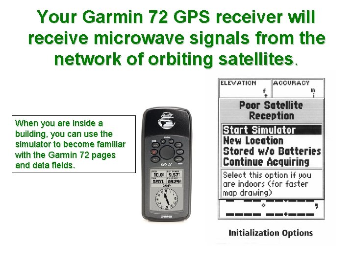 Your Garmin 72 GPS receiver will receive microwave signals from the network of orbiting