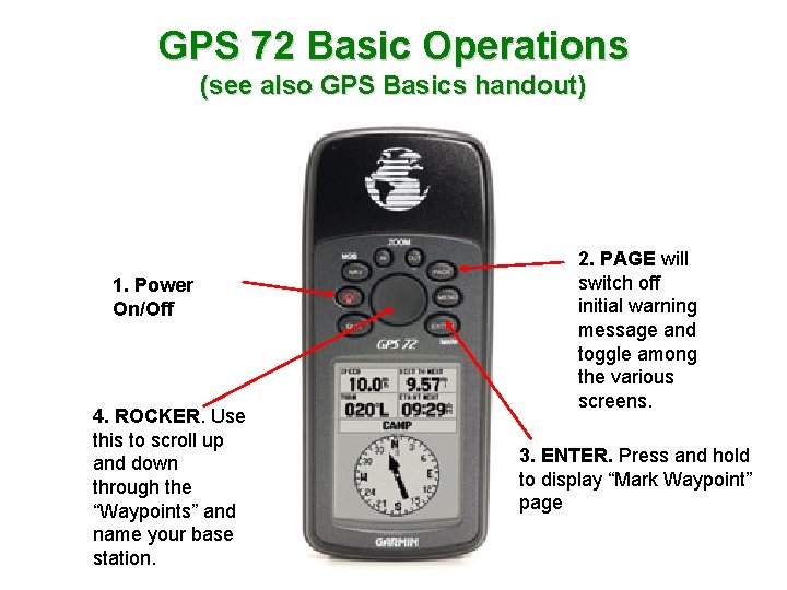 GPS 72 Basic Operations (see also GPS Basics handout) 1. Power On/Off 4. ROCKER.