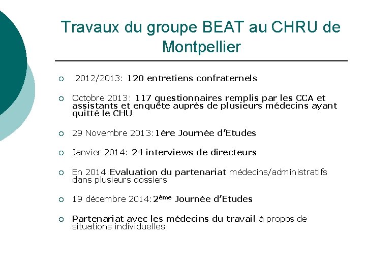 Travaux du groupe BEAT au CHRU de Montpellier ¡ 2012/2013: 120 entretiens confraternels ¡