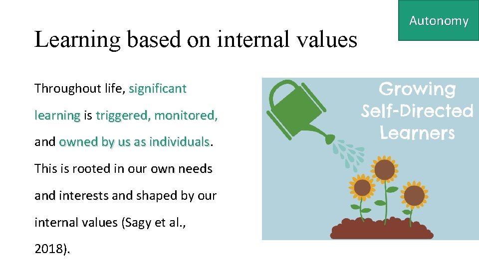 Learning based on internal values Throughout life, significant learning is triggered, monitored and owned